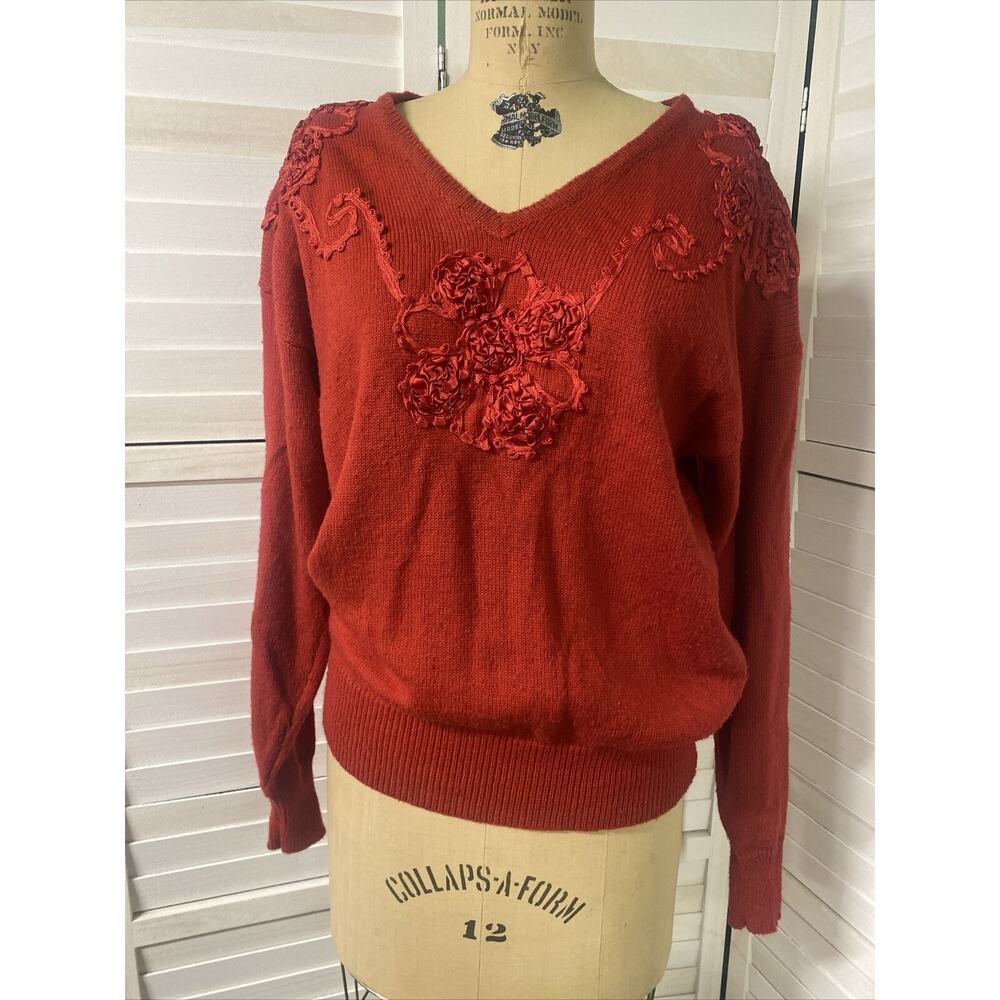 Vintage 80s Regency Collection for Joyce Red Sweater Ribbon Floral Design Medium